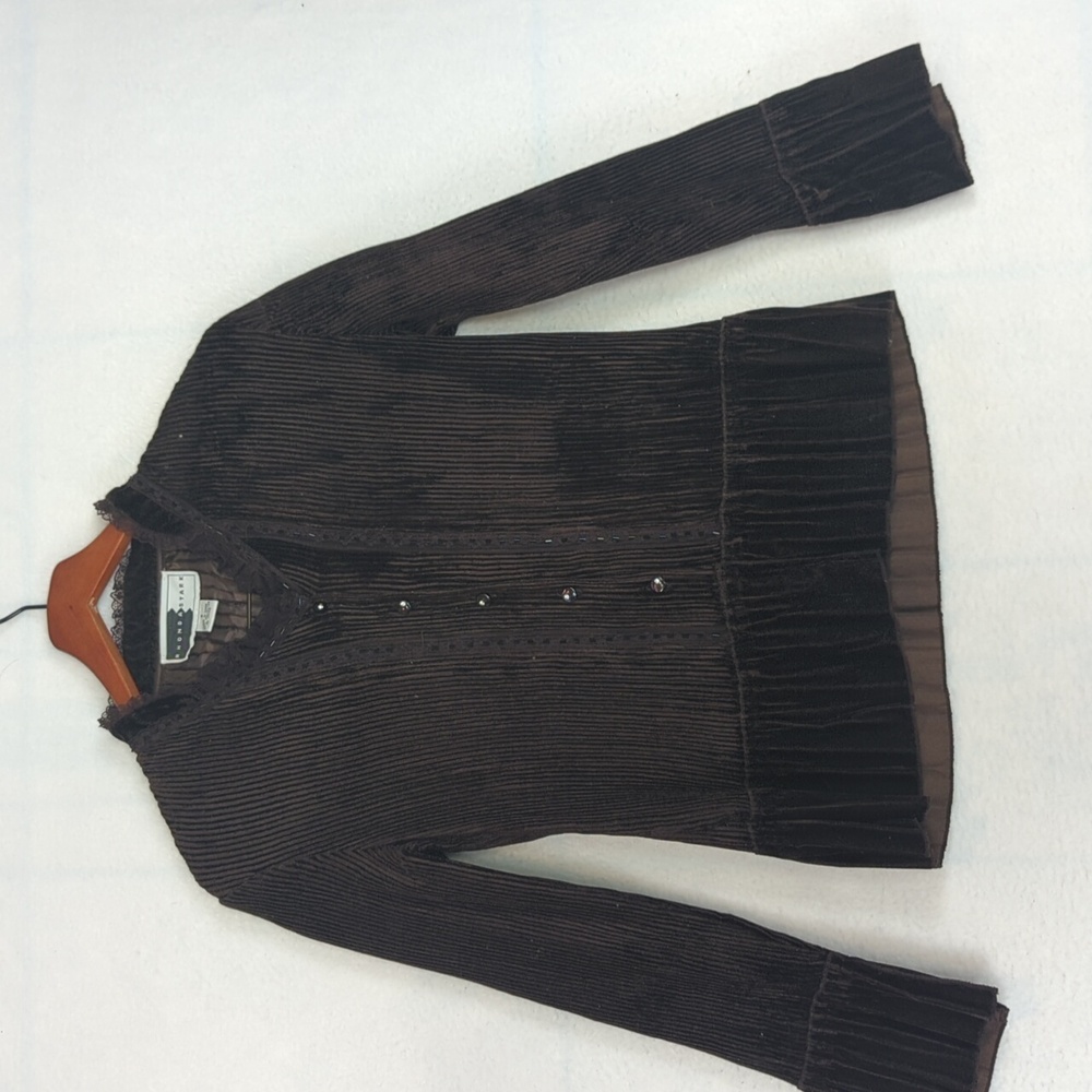 Rhonda Start Brown Vintage Velvet‎ & Lacy Western Button Down Shirt S